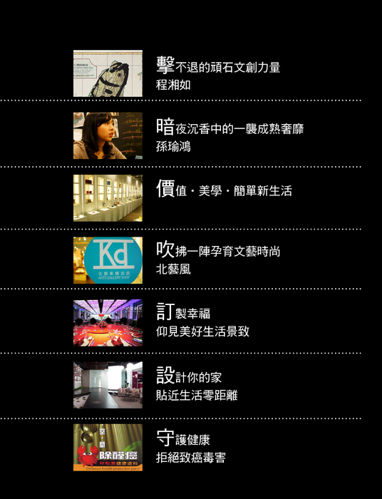 CATCH影音誌 創刊號
《封面主題》
2010設計大事紀 下半年回顧
實踐善念 用設計改變世界
百蝶花兔慶百年 學學耕耘展風華
一起來街上玩吧!光祭嘉年華
《空間大賞 十坪小宅倍增術》
點亮一室甜甜暖意鄉村浪漫小屋
綻放極致時尚的天空之城
宴請時尚在華麗城堡作客
《主題人物》
擊不退的頑石文創力量/程湘如
暗夜沉香中的一襲成熟奢靡/孫瑜鴻
《品牌故事》
價值 美學 簡單新生活
吹拂一陣孕育文藝時尚北藝風
《生活與建材》
訂製幸福 仰見美好生活景致
設計你的家 貼近生活零距離
守護健康 拒絕致癌毒害
CATCH影音誌 創刊號
《封面主題》
2010設計大事紀 下半年回顧
實踐善念 用設計改變世界
百蝶花兔慶百年 學學耕耘展風華
一起來街上玩吧!光祭嘉年華
《空間大賞 十坪小宅倍增術》
點亮一室甜甜暖意鄉村浪漫小屋
綻放極致時尚的天空之城
宴請時尚在華麗城堡作客
《主題人物》
擊不退的頑石文創力量/程湘如
暗夜沉香中的一襲成熟奢靡/孫瑜鴻
《品牌故事》
價值 美學 簡單新生活
吹拂一陣孕育文藝時尚北藝風
《生活與建材》
訂製幸福 仰見美好生活景致
設計你的家 貼近生活零距離
守護健康 拒絕致癌毒害